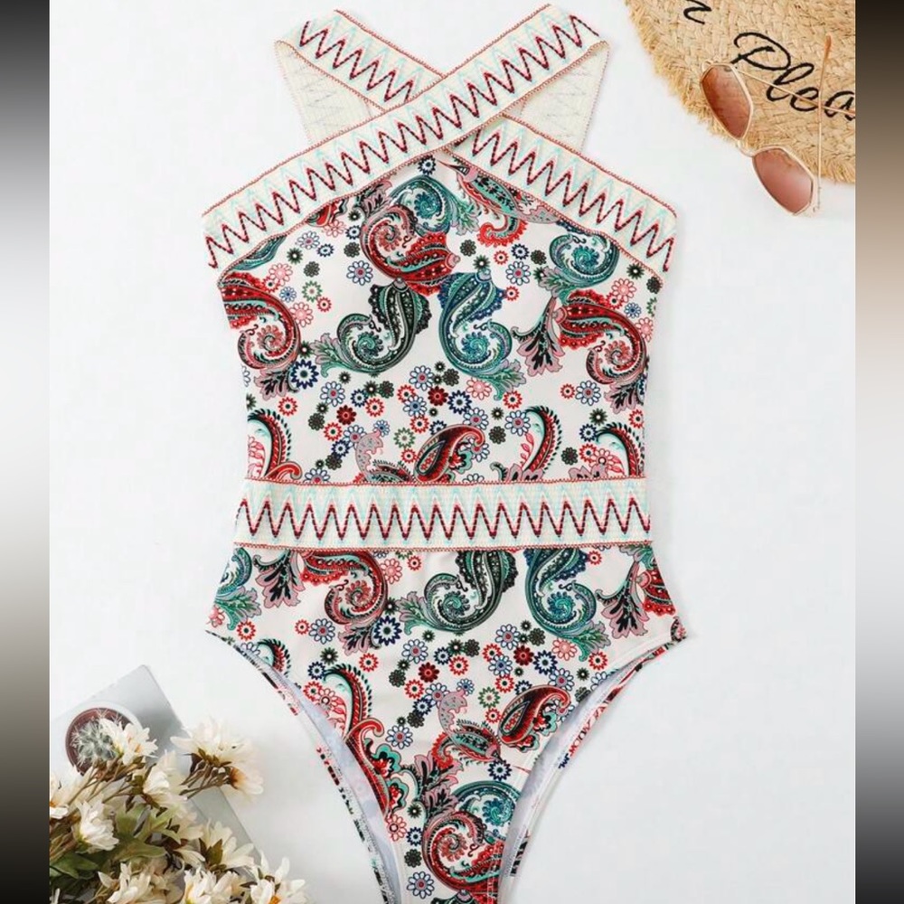 Paisley Chevron Stripe Tape High Neck One Piece Swimsuit
